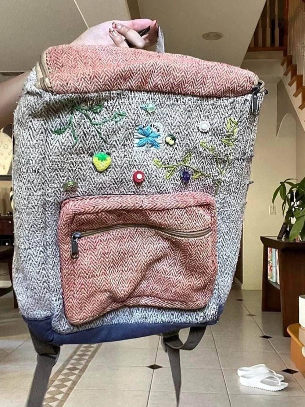 Gray & Pink Geometric Woven Backpack